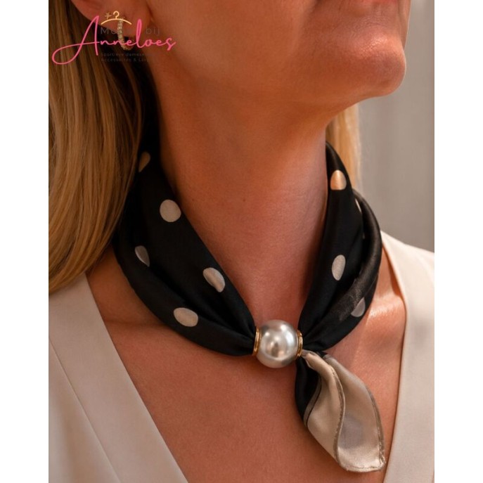 Dames Halssjaal polka dot zwart beige 526 korte sjaal met parel
